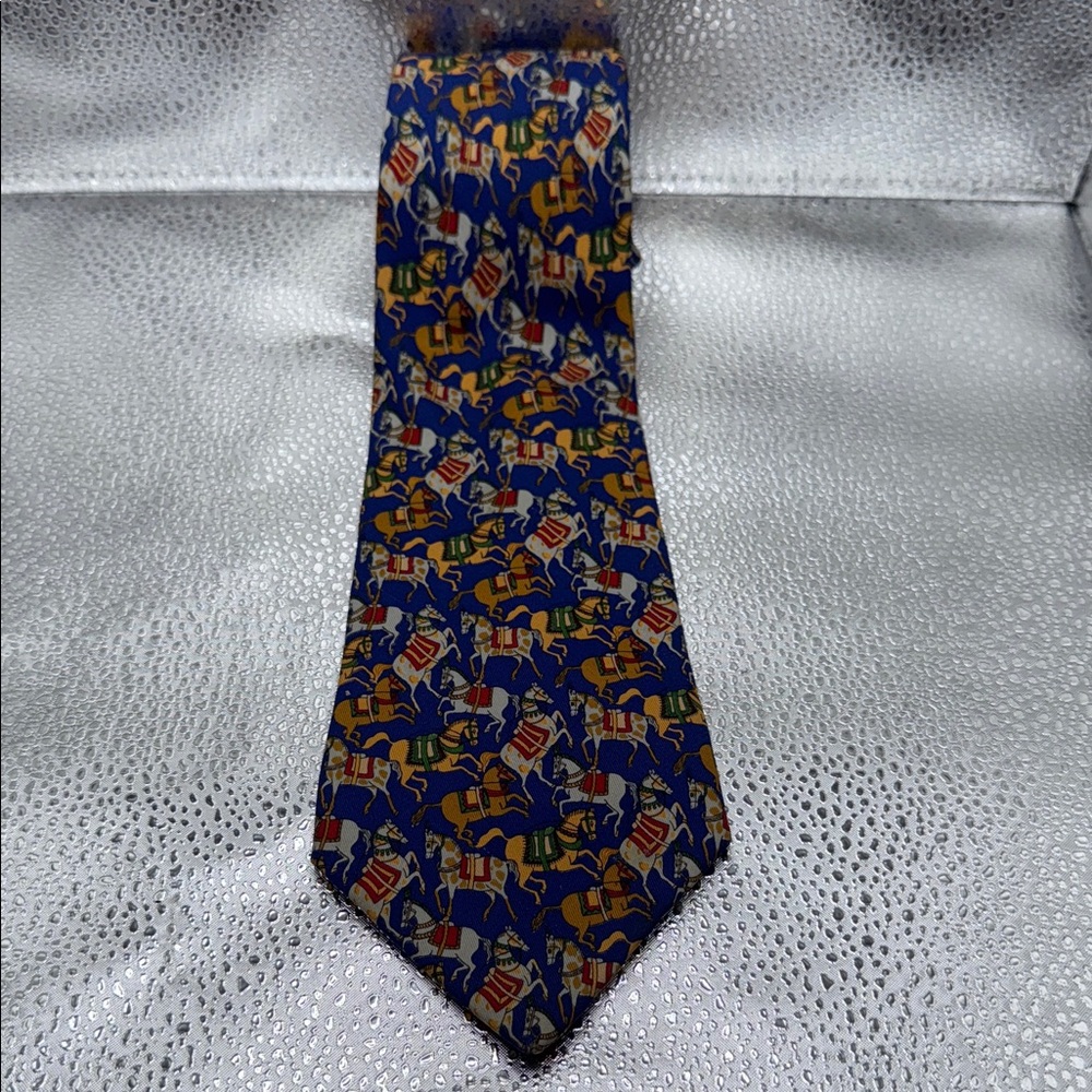 Salvatore Ferragamo Blue and Gold Saddled Parading Horses Tie